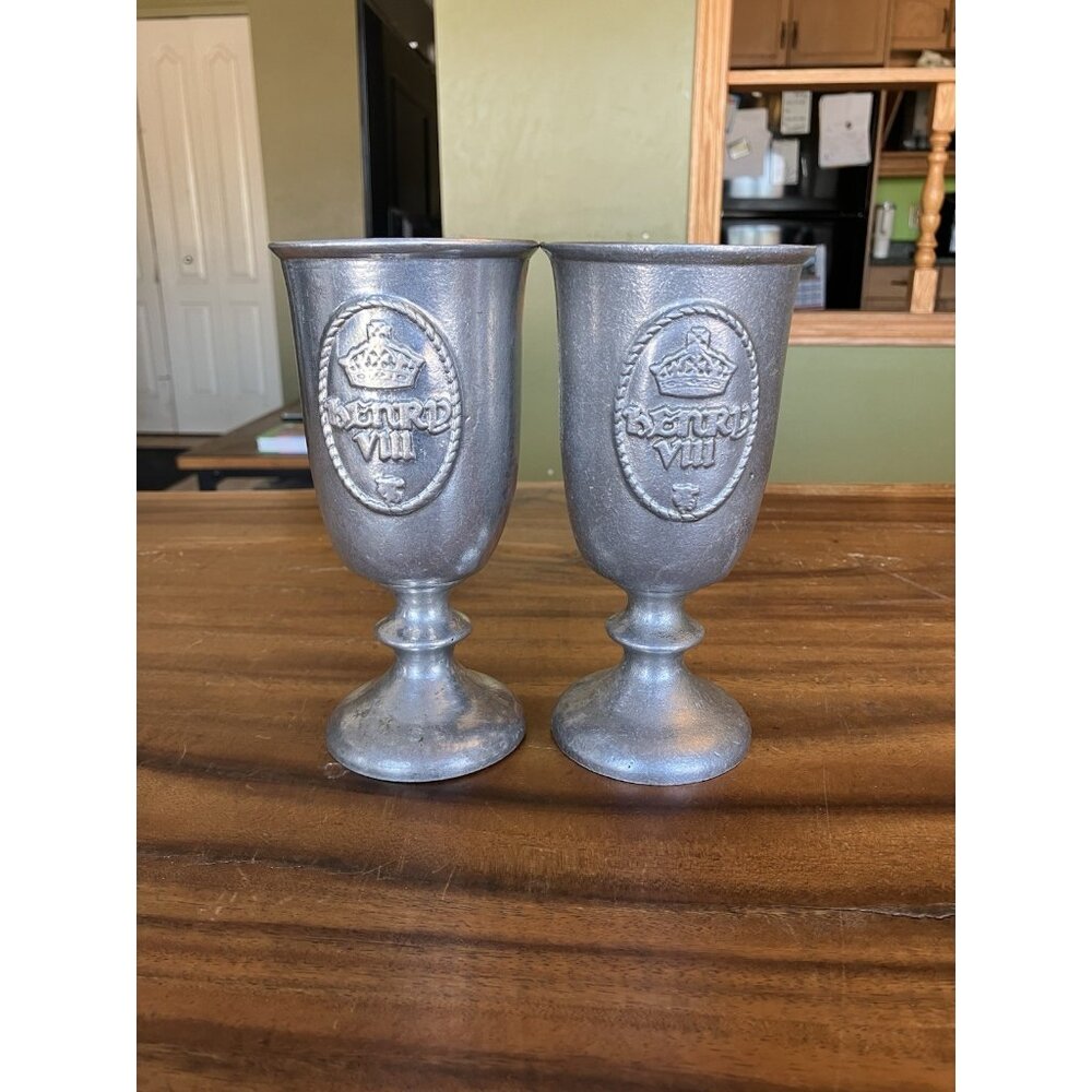 Set of 2 Vintage Henry VIII Goblets/Medieval Metal Wine Glasses Pewter (?)